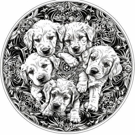 Detailed mandala with puppies intertwined. Coloring book page