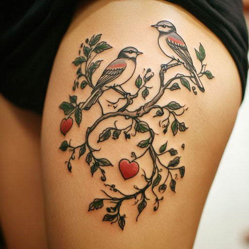 Female thigh tattoos in the Ed Hardy style with sparrows and hearts