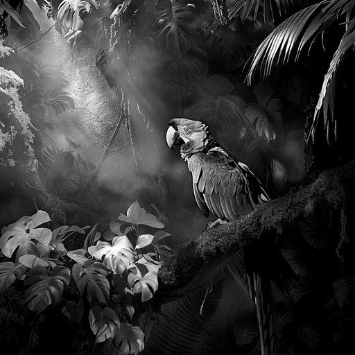 Macaw in a dramatic monochrome jungle