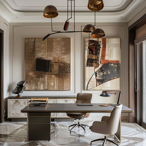 Stylish home office with designer furniture and statement lighting