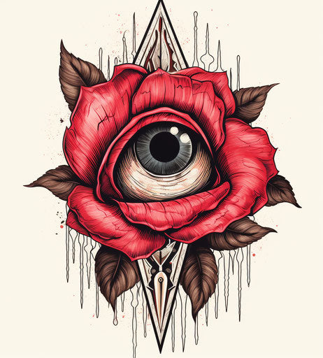 The all seeing eye with a red rose, flawless line work style
