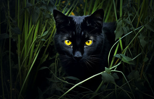 Black cat in grass with yellow eyes, dark indigo and dark emerald style