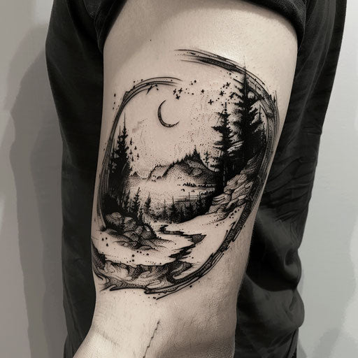 Bicep tattoo of a surreal landscape