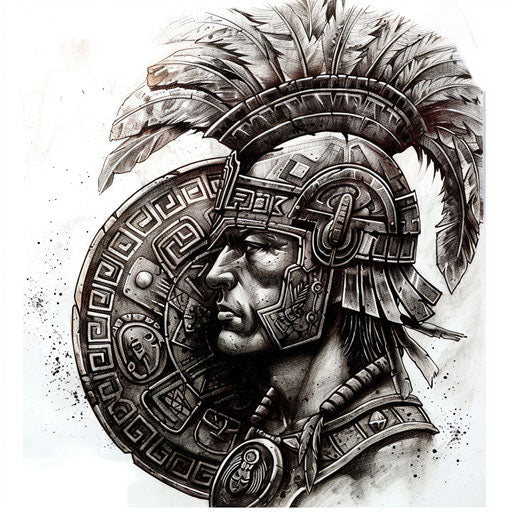 Aztec warrior tattoo in black and grey, helmet and shield