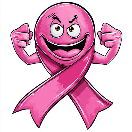Humorous caricature of a cancer ribbon with human characteristics