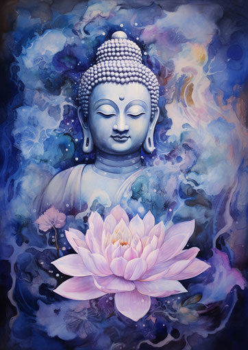 Buddha with lotus flower and swirls, meticulous sketches style