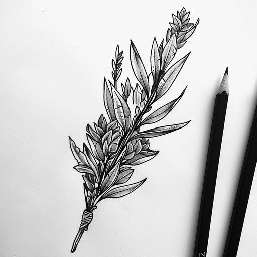 Minimalist black and white flat tattoo sketch of a sage bundle
