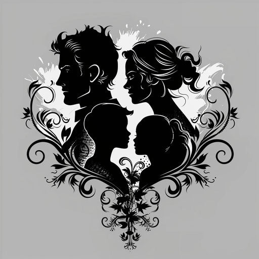 Elegant flat cartoon style family portrait in silhouette