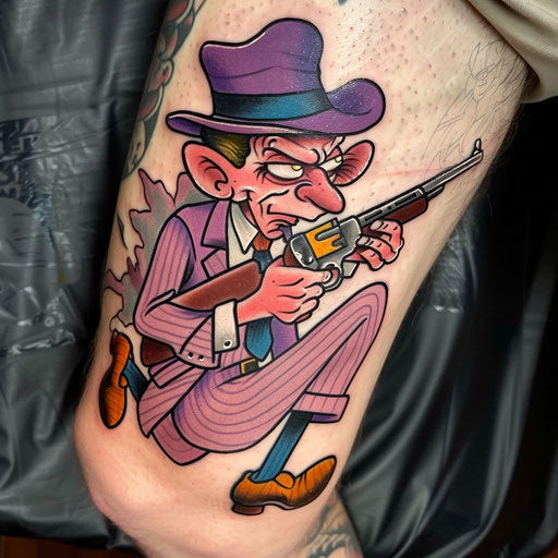Whimsical gangster tattoo with colorful mobster and gun