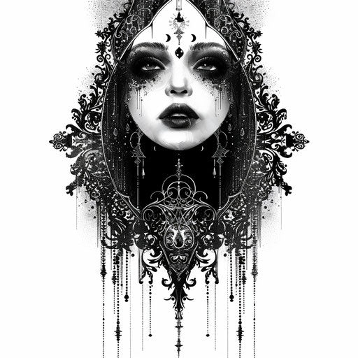 Flat gothic tattoo sketch for 13 tattoo with dark themes and silver highlights