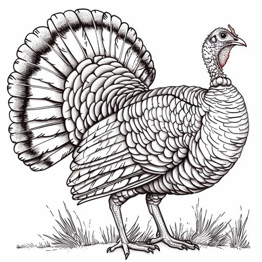 Realistic turkey displaying tail feathers. Coloring page