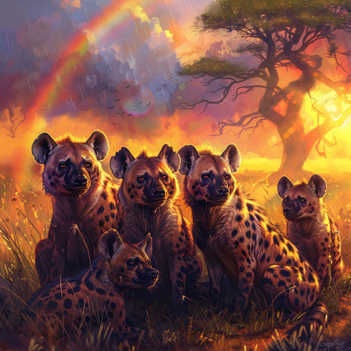 Hyenas under a rainbow in the savannah