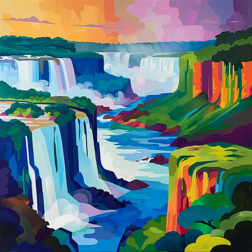 Iguazu Falls with bold shapes and vibrant colors in the style of Ed Mell