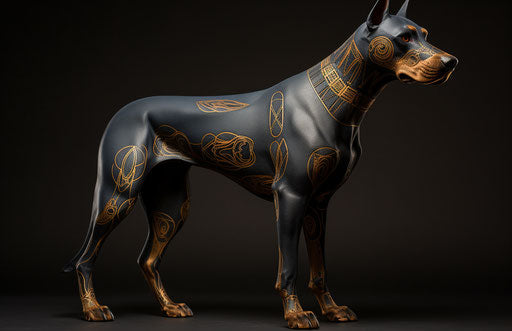 Dog breed doberman pinscher, navy blue and dark gold style, 500-1000
