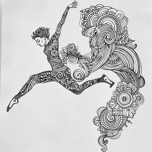Intricate zentangle design with dancer mid-leap