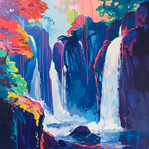 Dudh Sagar Waterfalls with abstract elements and bold colors in the style of Ed Mell