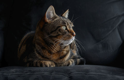 Tabby cat on black couch, Bengal school style