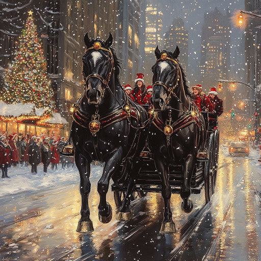 Pair of black Clydesdales pulling sleek wagon with carolers through city street