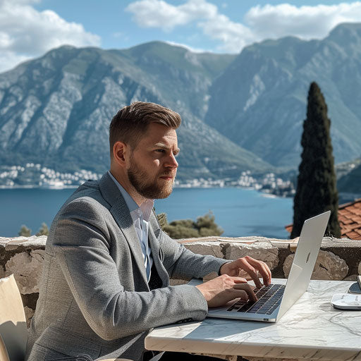 Businessman as a digital nomad, working remotely with a scenic backdrop