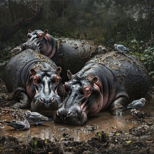 Hippos in mud with birds cleaning their skin
