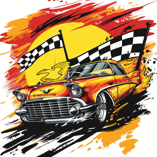 Bold clipart style flat tattoo sketch of a race car with checkered flags and intense yellows