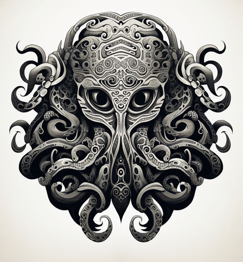Tribal octopus in black and white, realistic Maori style