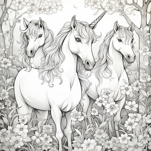 Three beautiful white unicorns in the garden coloring book