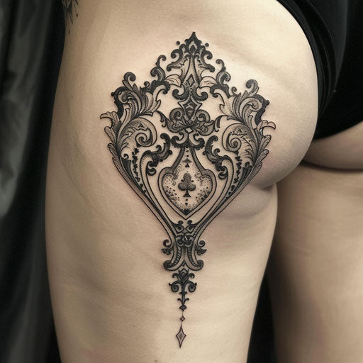 Intricate queen of spades tattoo in baroque style
