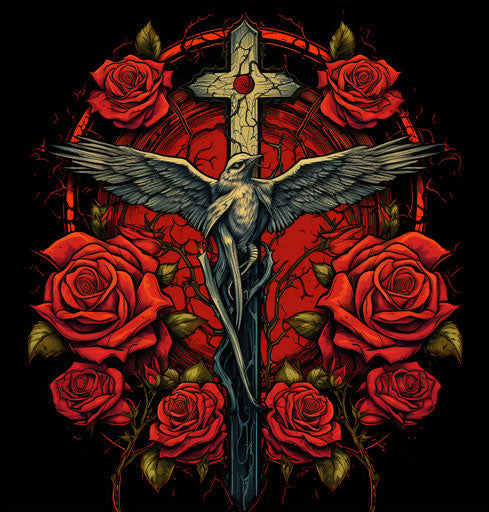 Winged cross on thorn background, woodcut style