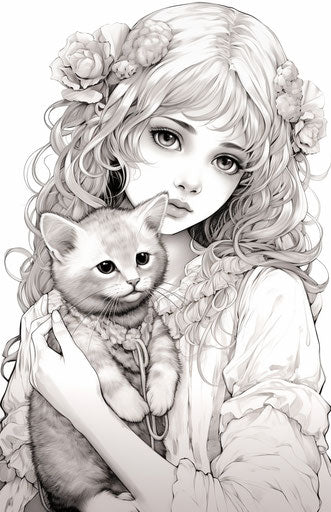 Girl with cat and line drawing in charming anime style, 11:17
