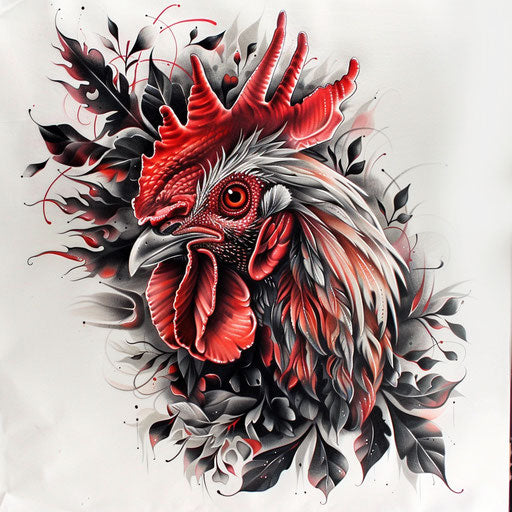 Surrealistic rooster tattoo design on white backdrop