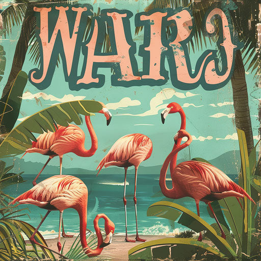 Vintage travel poster with flamingos at exotic location