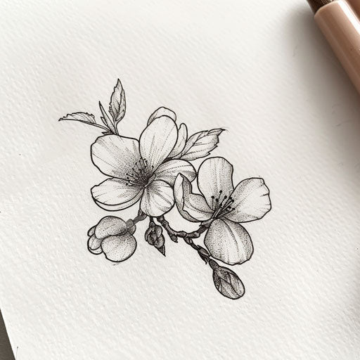 Sketch of a small cherry blossom tattoo, detailed with shading, on white artist's paper