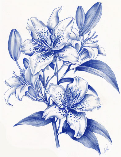 Blue drawing of lilies, detailed line work style, detailed miniatures 43:56