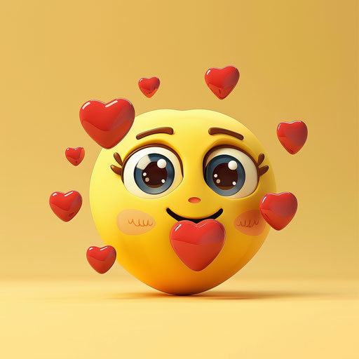 Yellow emotion with hearts, cartoonish realism, cute