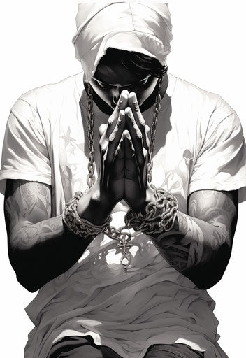 Praying hands with rosary and pendant in black and white line work