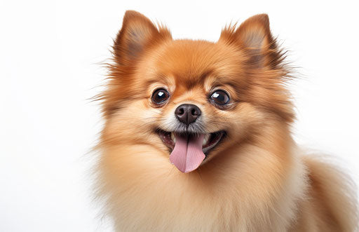 Small brown pomeranian dog on white background, light teal and pink style