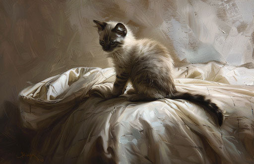 Kitten on bed, dark brown/white, back focus, polished