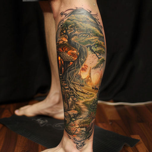 Calf tattoo with epic fantasy, in the style of Peter Jackson