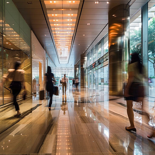 The bustle of a busy corporate lobby