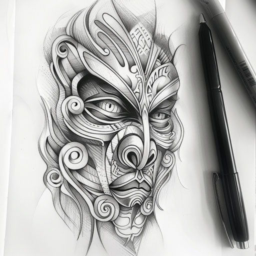 Contemporary tattoo sketch of a moko tattoo with minimalist elements and sparse coloring