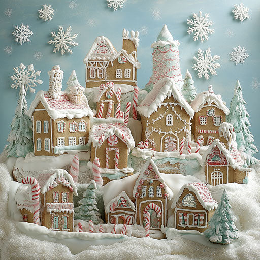 Whimsical gingerbread village with candy canes and icing, against a backdrop of snowflakes.