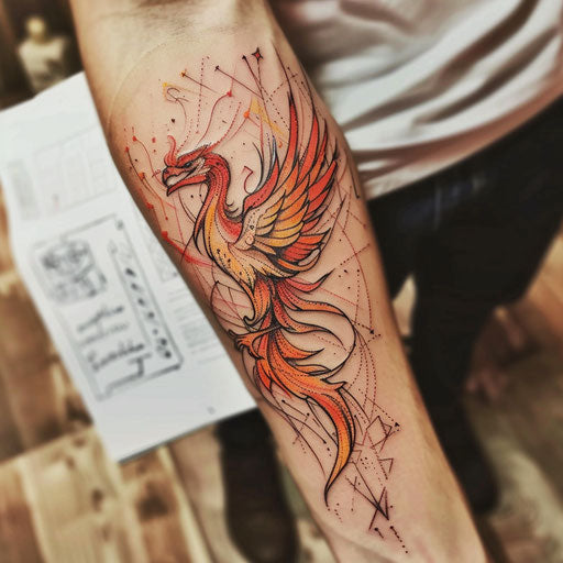 Elegant sketch of a rising phoenix, red and orange colors in simplistic style