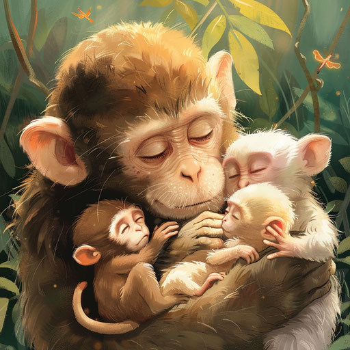 A heartwarming illustration of monkeys adopting and caring for orphaned animals.