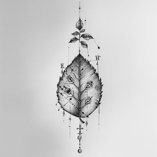 Enchanted leaf with magical runes on pure white background