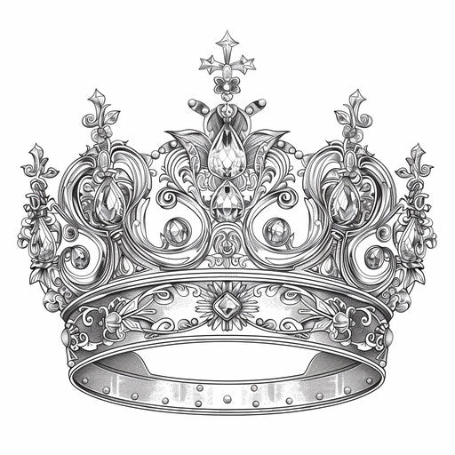Crown with mystical symbols and intricate details. Coloring book page