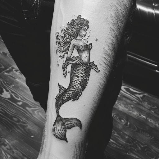 Simple tattoos for men of a mermaid, in the style of Ed Hardy