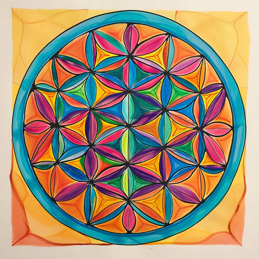 Pop art tattoo sketch of the Flower of Life, bright colors and bold comic style