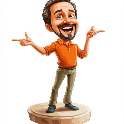 Humorous caricature of a work caricature clipart with human characteristics, exaggerated prominent chin, big hands, standing on a pedestal, vibrant colors, cartoon style, pointing, high-resolution, no background, isolated