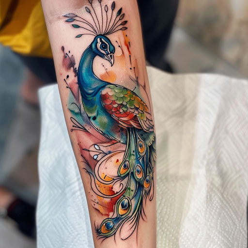 Peacock tattoo blending realism and abstraction on white backdrop